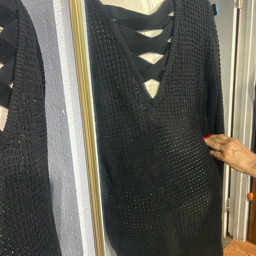 Ambiance Black V-Neck Sweater with Crisscross Back